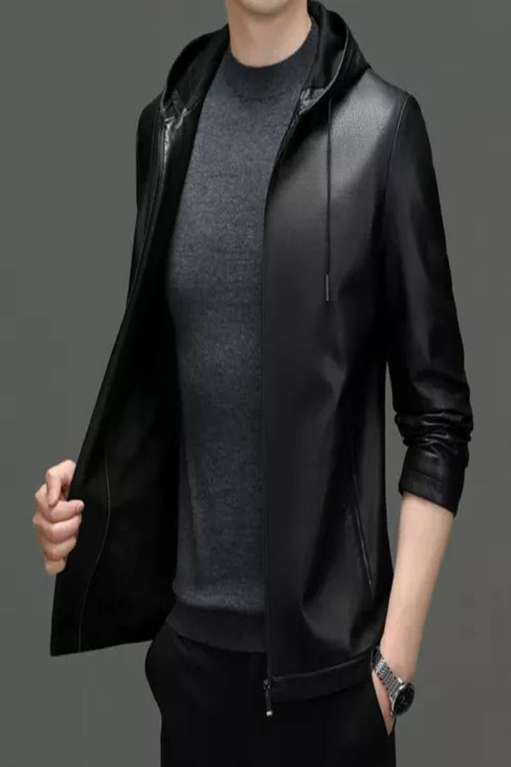 Black genuine soft lambskin leather jacket moto biker jacket hoodie fashion style