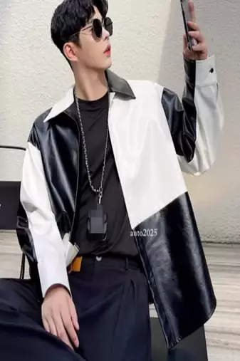 men's black and white lambskin leather jacket classic zip up premium