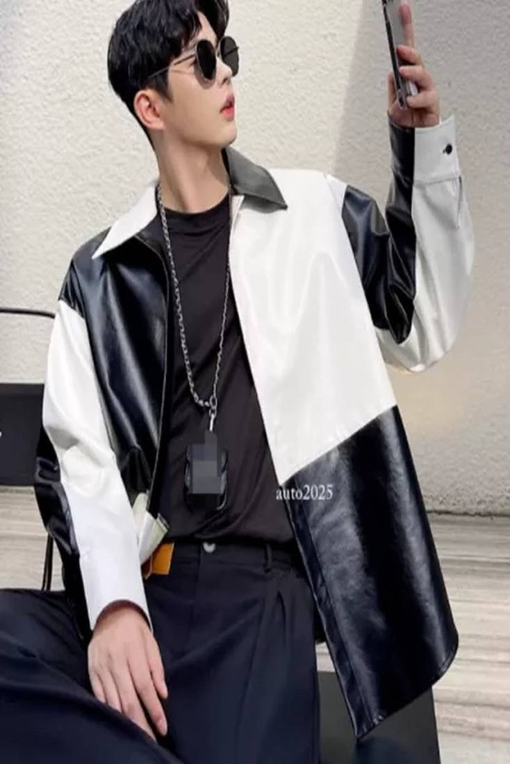 Men's black & white patchwork lambskin leather jacket-spread collar style fastion