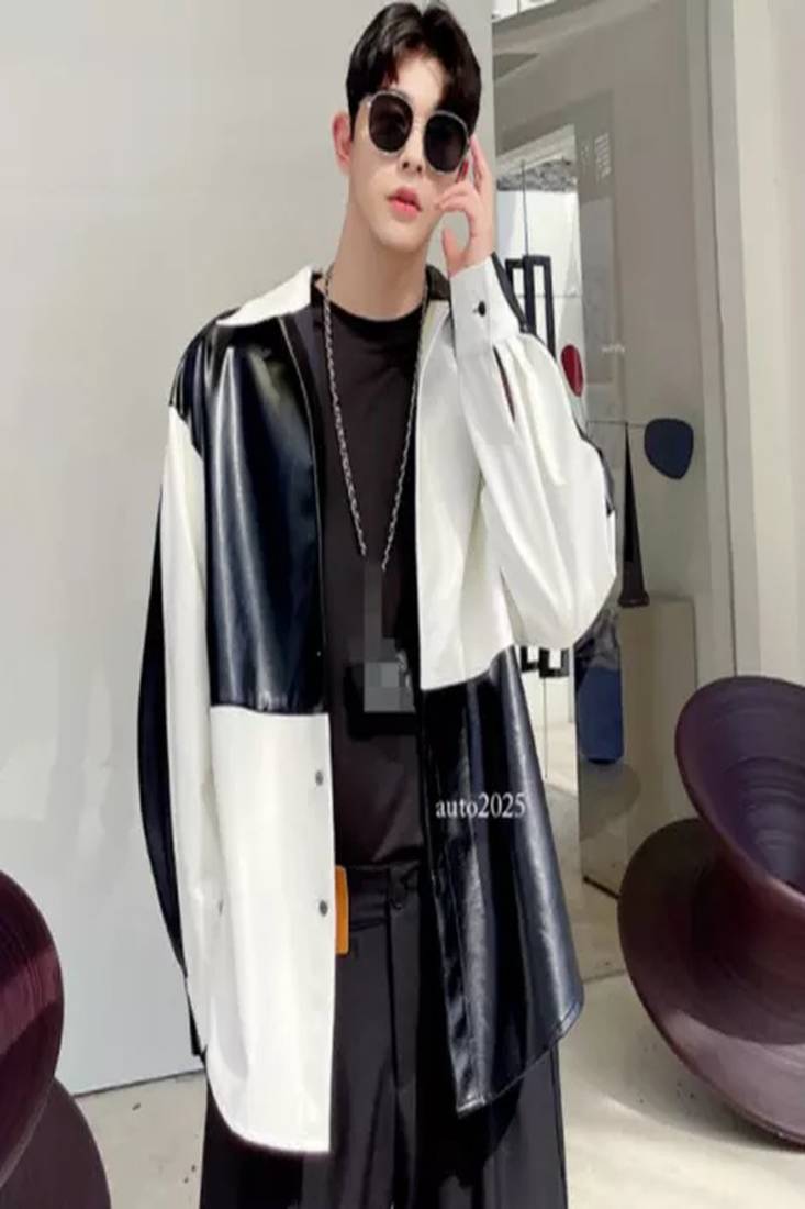 Men's black & white patchwork lambskin leather jacket-spread collar style fastion