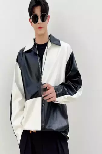 Men's black & white patchwork lambskin leather jacket-spread collar style fastion