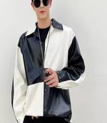 Men's black & white patchwork lambskin leather jacket-spread collar style fastion
