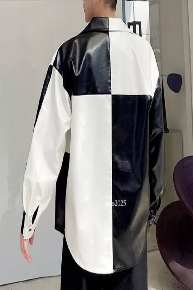 Men's black & white patchwork lambskin leather jacket-spread collar style fastion