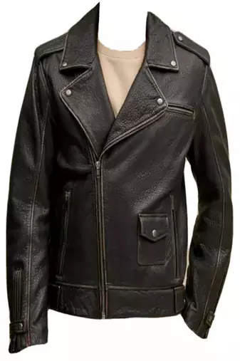 Men's dark brown lambskin leather jacket-cross zipper & side belt style fastion