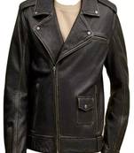 Men's dark brown lambskin leather jacket-cross zipper & side belt style fastion