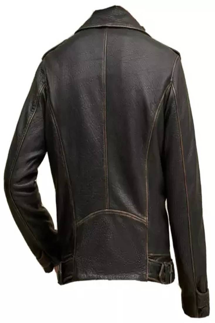 Men's dark brown lambskin leather jacket-cross zipper & side belt style fastion