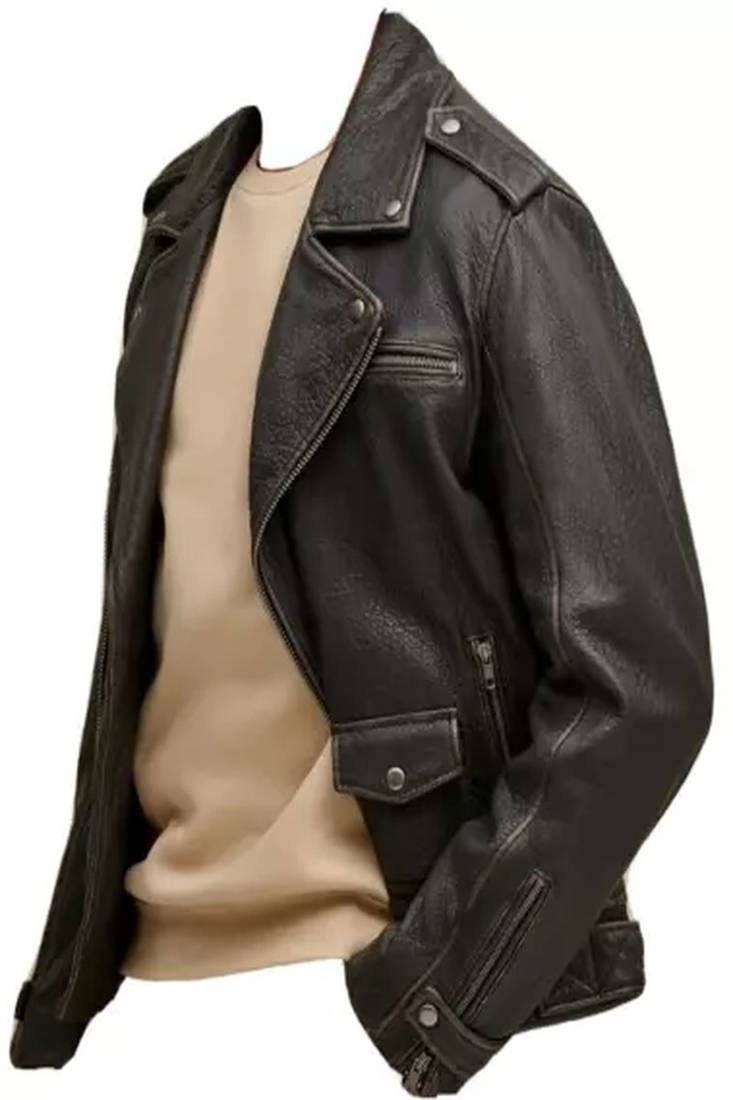 Men's dark brown lambskin leather jacket-cross zipper & side belt style fastion