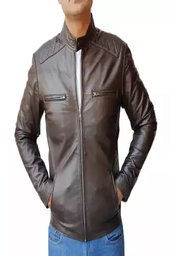Men's dark brown lambskin leather jacket-quilted shoulder zipp detail style fastion