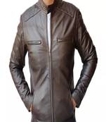 Men's dark brown lambskin leather jacket-quilted shoulder zipp detail style fastion
