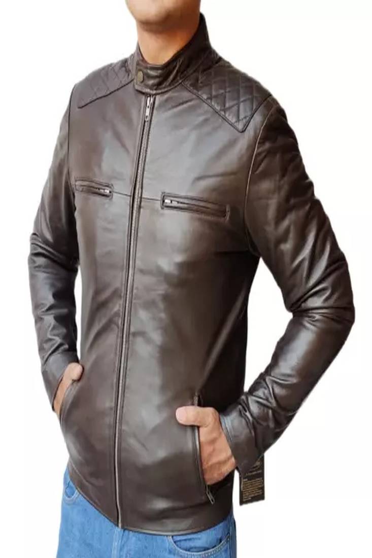 Men's dark brown lambskin leather jacket-quilted shoulder zipp detail style fastion