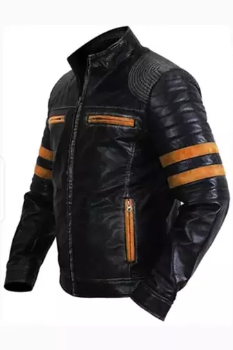 Black genuine lambskin leather jacket-orange stripes & quilted shouldere fashion style