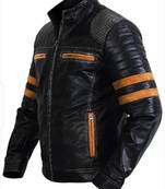 Black genuine lambskin leather jacket-orange stripes & quilted shouldere fashion style