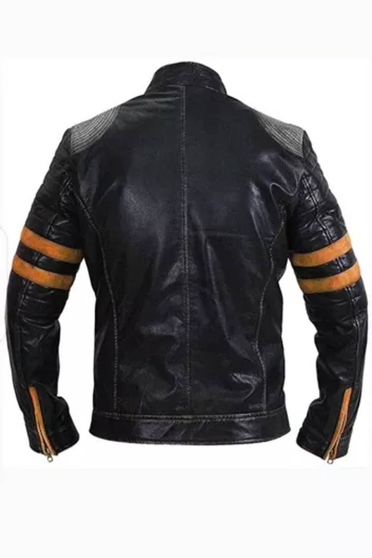 Black genuine lambskin leather jacket-orange stripes & quilted shouldere fashion style