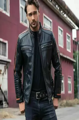 Black genuine lambskin leather jacket-orange stripes & zipper detail fashion style