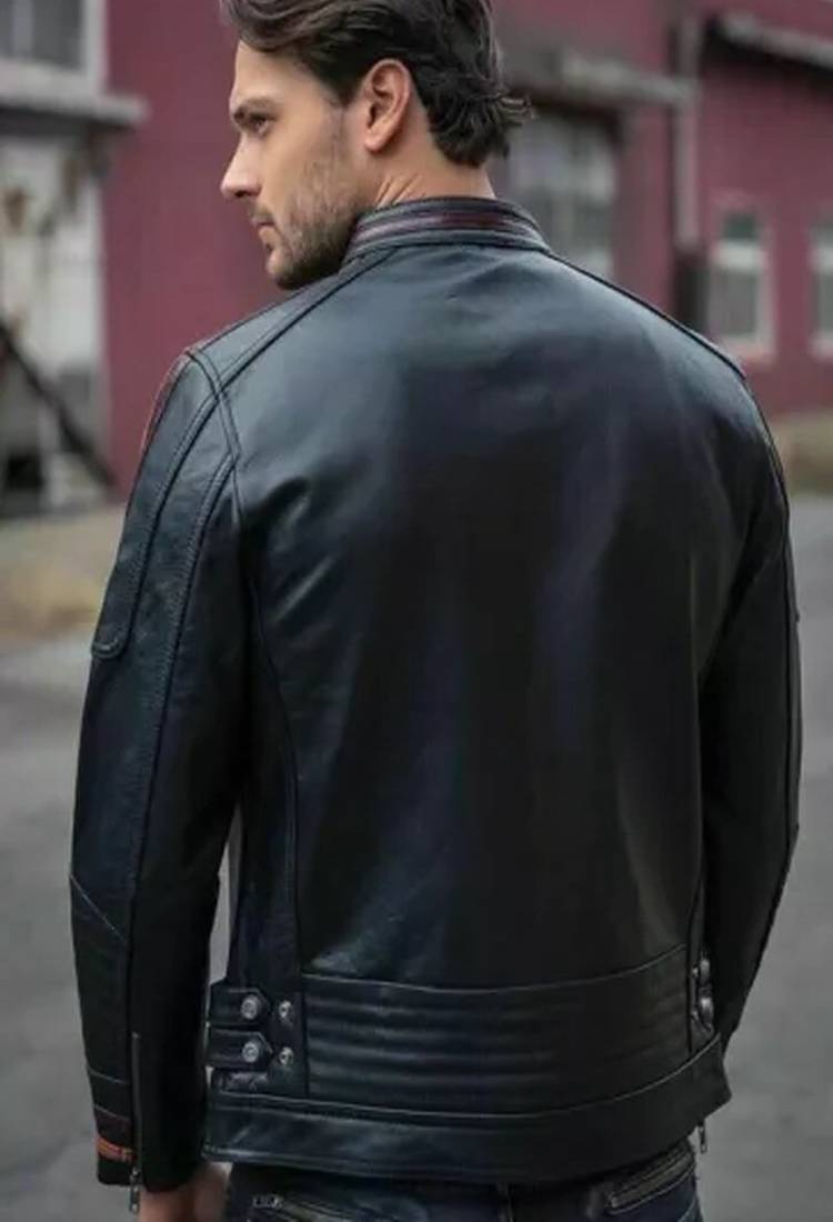 Black genuine lambskin leather jacket-orange stripes & zipper detail fashion style