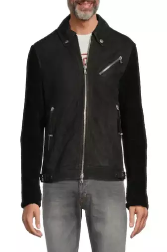 Black genuine lambskin leather jacket-2 snap button  & zipper detail fashion style