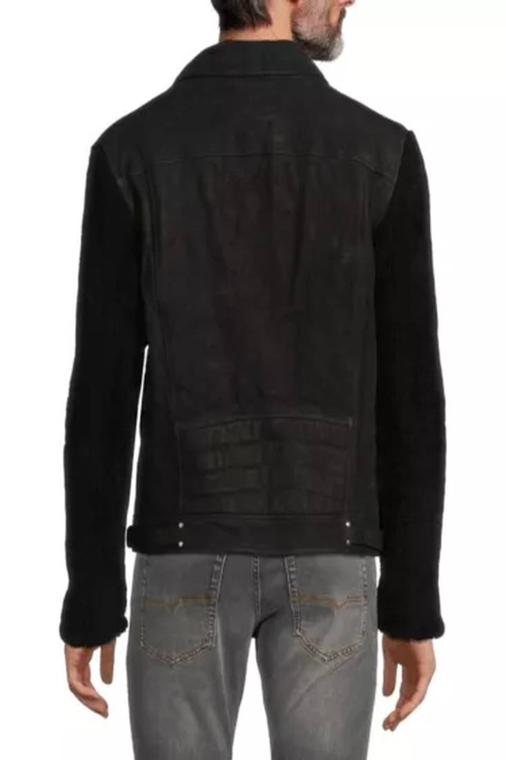 Black genuine lambskin leather jacket-2 snap button  & zipper detail fashion style