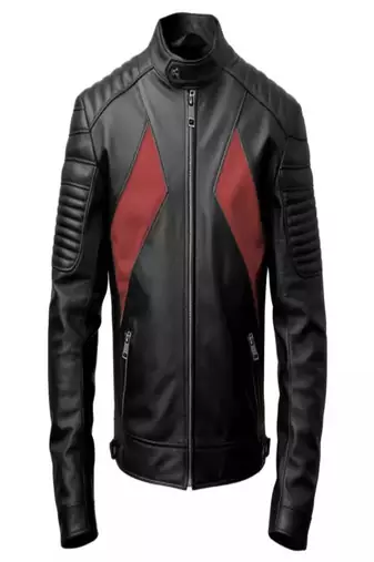 Black genuine lambskin leather jacket- chest red flap & quilted shoulder fashion style