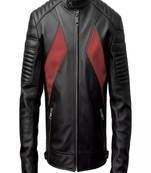 Black genuine lambskin leather jacket- chest red flap & quilted shoulder fashion style