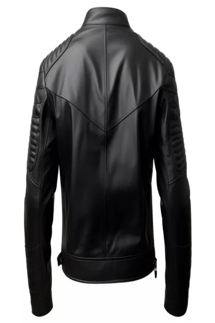 Black genuine lambskin leather jacket- chest red flap & quilted shoulder fashion style