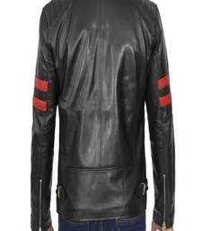 Men's black lambskin leather biker jacket  slim fit moto style- 2 red strip & caf   racerlook
