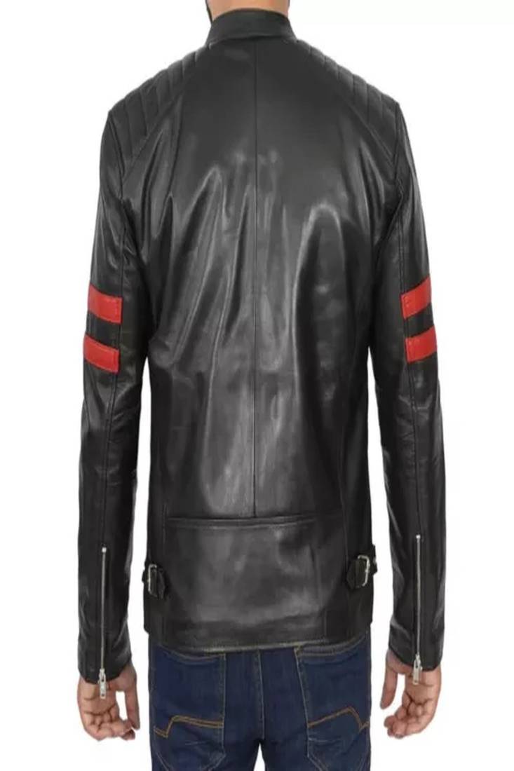 Men's black lambskin leather biker jacket  slim fit moto style- 2 red strip & caf   racerlook