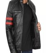 Men's black lambskin leather biker jacket  slim fit moto style- 2 red strip & caf   racerlook