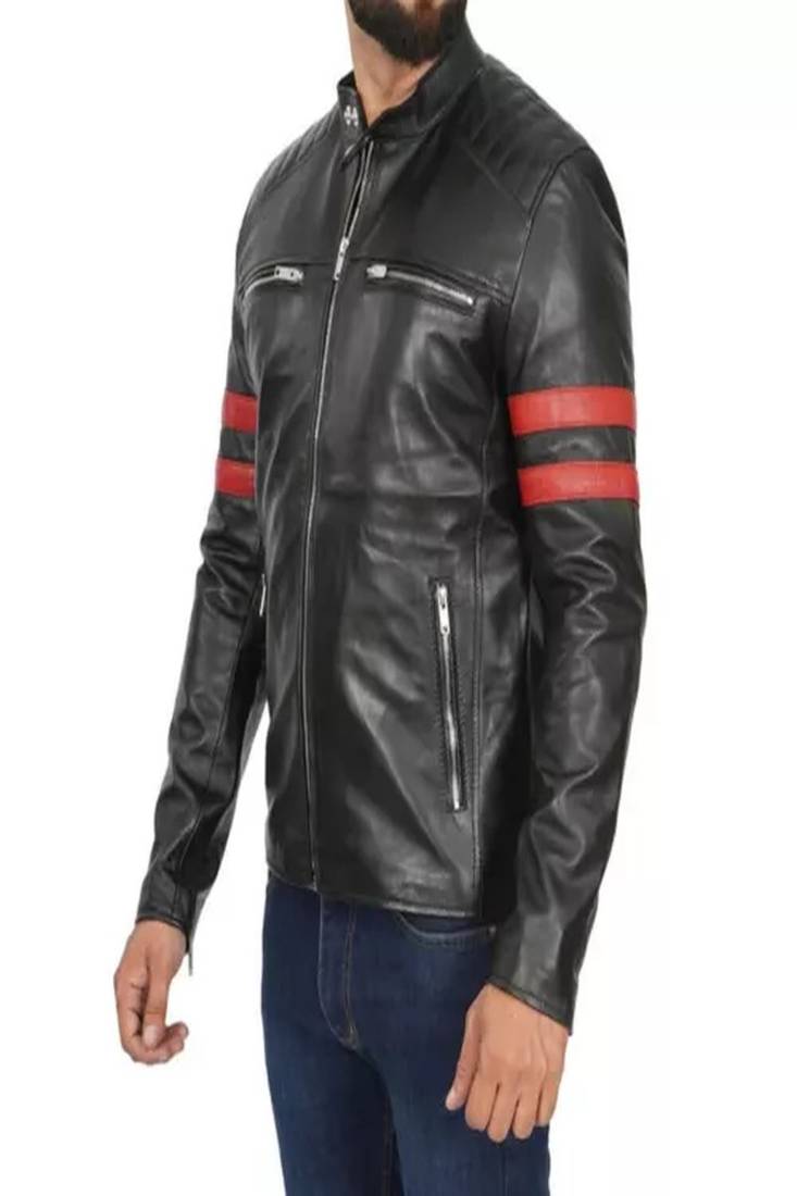 Men's black lambskin leather biker jacket  slim fit moto style- 2 red strip & caf   racerlook