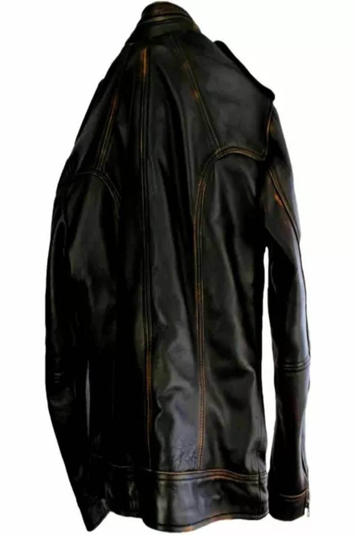 Men's brown lambskin leather biker jacket-rubb-off zipper quilted shoulder style