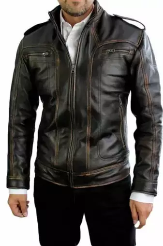 Men's brown lambskin leather biker jacket-rubb-off zipper quilted shoulder style