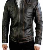 Men's brown lambskin leather biker jacket-rubb-off zipper quilted shoulder style
