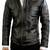 Men's brown lambskin leather biker jacket-rubb-off zipper quilted shoulder style