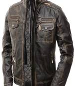 Men's brown lambskin leather biker jacket-rubb-off zipper quilted shoulder style