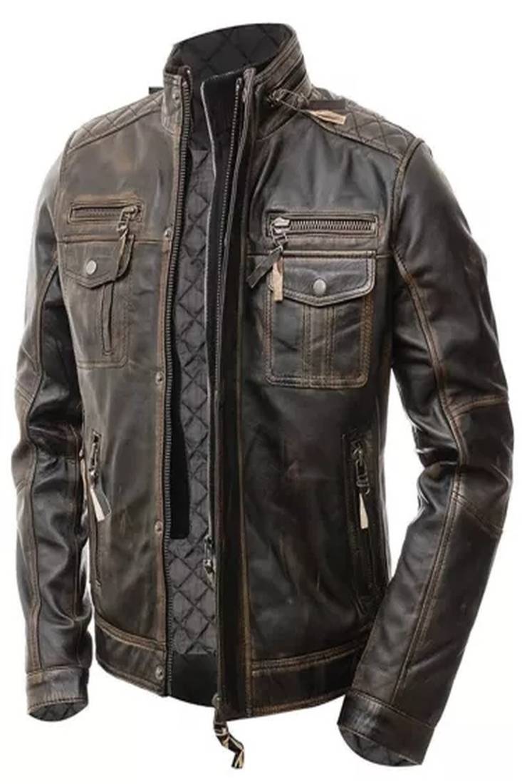 Men's brown lambskin leather biker jacket-rubb-off zipper quilted shoulder style