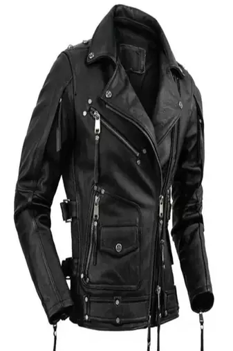 Men's black lambskin leather biker jacket  slim fit moto style-multipal zipp & button details