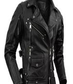 Men's black lambskin leather biker jacket  slim fit moto style-multipal zipp & button details