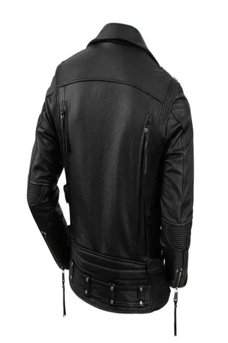 Men's black lambskin leather biker jacket  slim fit moto style-multipal zipp & button details