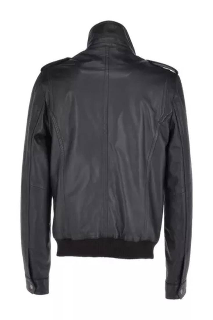 Men's black lambskin leather biker jacket- 2 pocket & shoulder belt details