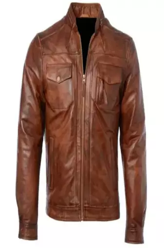 Men's brown lambskin leather biker jacket- 2 pocket &  zipper details
