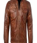 Men's brown lambskin leather biker jacket- 2 pocket &  zipper details