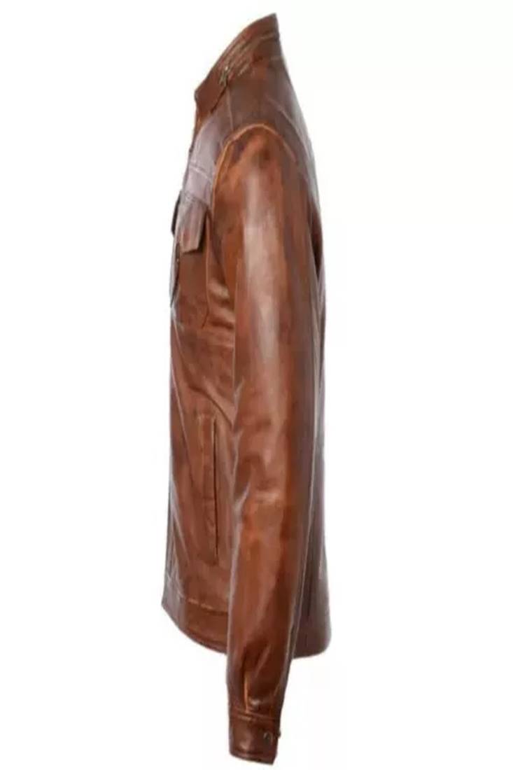 Men's brown lambskin leather biker jacket- 2 pocket &  zipper details