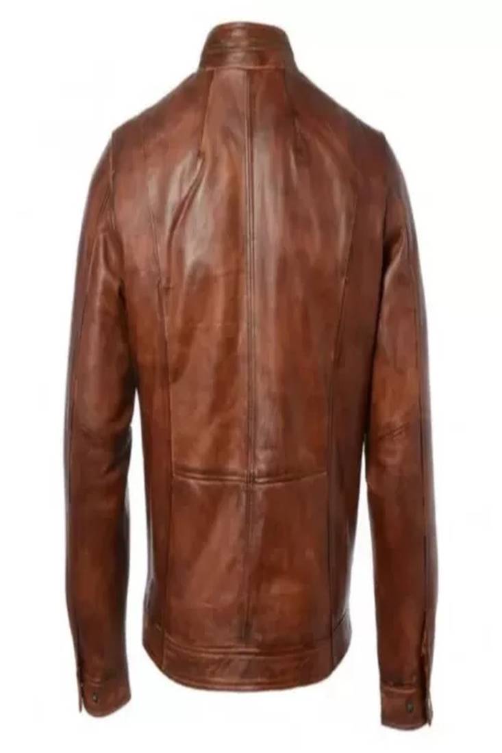 Men's brown lambskin leather biker jacket- 2 pocket &  zipper details