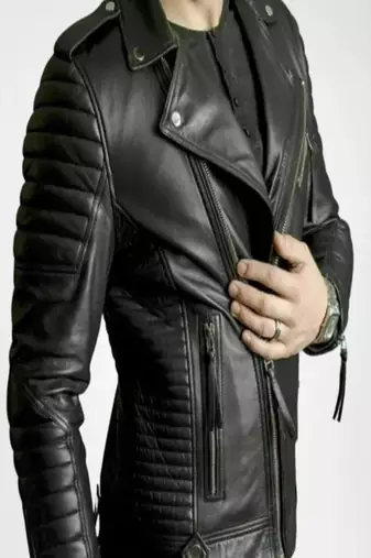 Black quilted leather four pockeet pure lambskin motorcycle biker jacket- multipal zipper