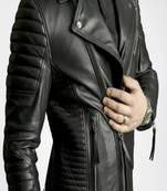 Black quilted leather four pockeet pure lambskin motorcycle biker jacket- multipal zipper