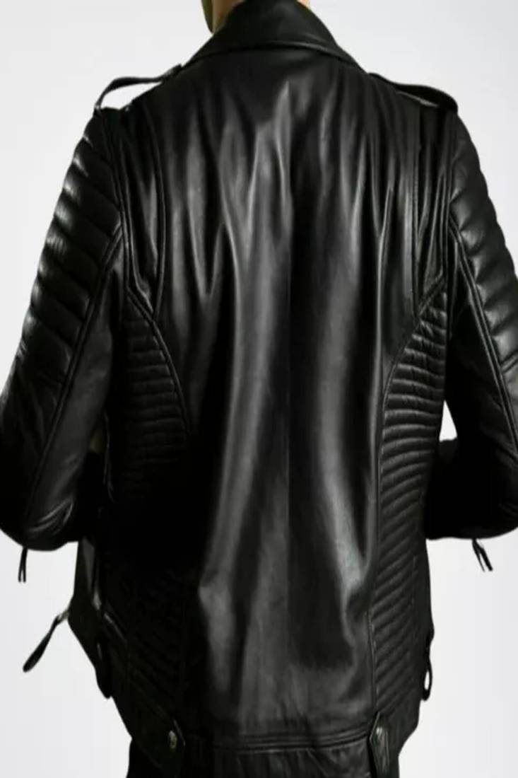 Black quilted leather four pockeet pure lambskin motorcycle biker jacket- multipal zipper