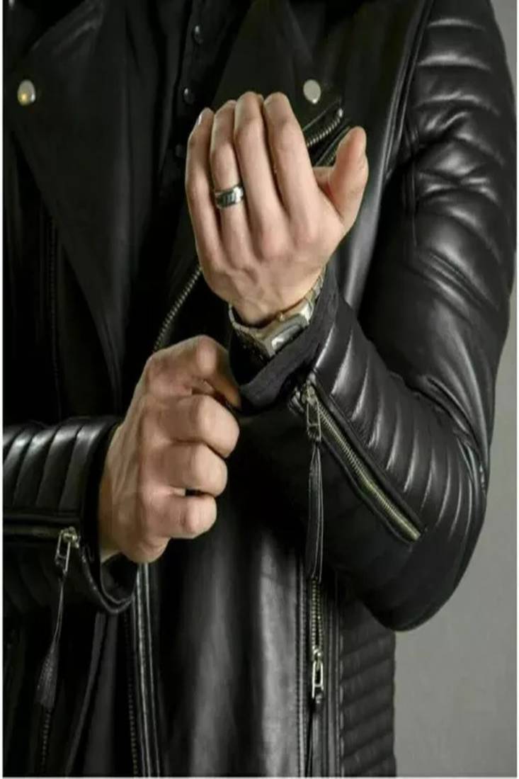 Black quilted leather four pockeet pure lambskin motorcycle biker jacket- multipal zipper