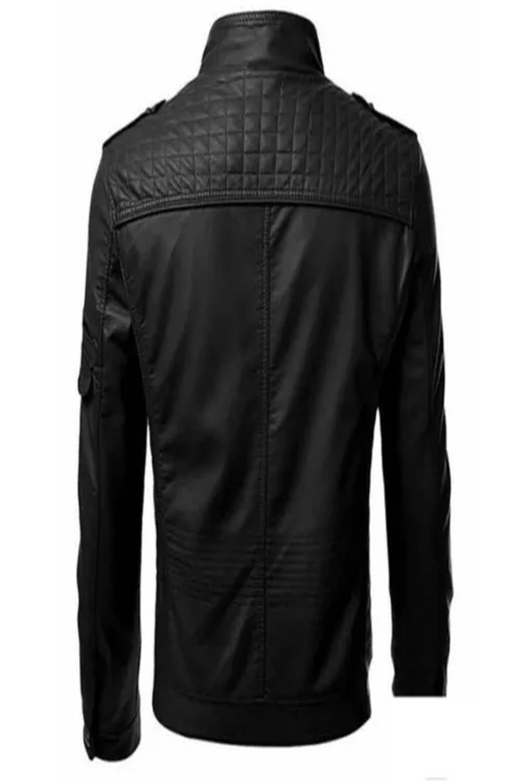 Black quilted leather four pockeet pure lambskin motorcycle biker jacket- multipal zipper