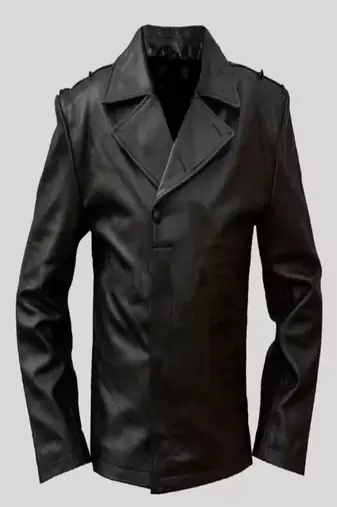 Men's black lambskin leather biker coat jacket- butten details