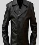 Men's black lambskin leather biker coat jacket- butten details