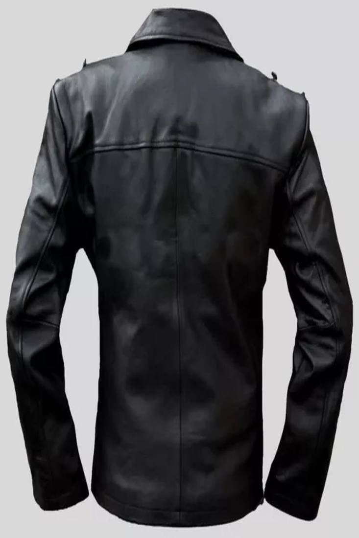 Men's black lambskin leather biker coat jacket- butten details